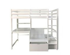 a white bunk bed with two drawers and a desk in the bottom right hand corner