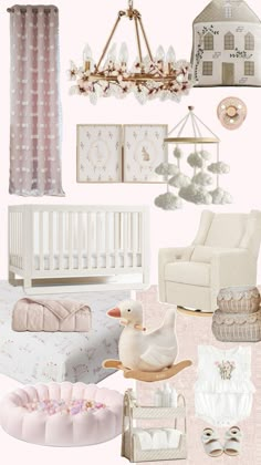 a baby's nursery with pink and white decor