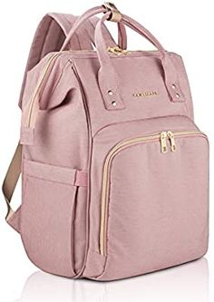 a pink backpack with gold zippers on the front and side pockets, sitting against a white background