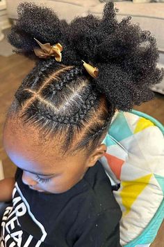 Cute Braided Updo with Double Afro Puffs and Golden Bows for Black Girls Picture Day Hair, Easy Hairstyles For Kids, Kid Hair, Hair Puff, Cute Simple Hairstyles