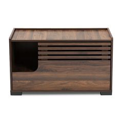 the side table is made out of wood and has an open drawer on one side