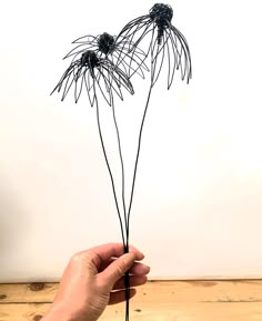 a hand is holding some kind of wire plant with two flowers on top of it