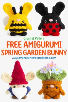 crochet pattern for three amigurmi spring garden bunnies with text overlay