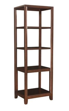 a tall wooden shelf with three shelves on each side and one section missing the top