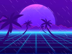 an old school style computer screen with palm trees in the foreground and a purple background