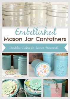 mason jar containers with labels on them and the words, enbellished mason jar containers