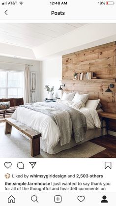 an instagram page with a bed and wooden headboard