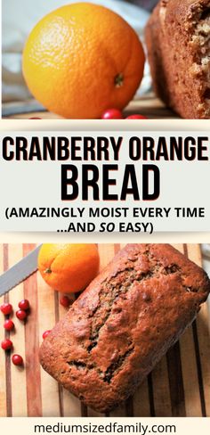 cranberry orange bread on a cutting board next to an orange