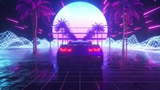 a car driving through a futuristic city with palm trees and neon lights in the background