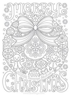 merry christmas coloring page with ornaments and bows on the front, in black and white