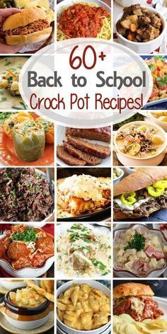 the back to school crock pot recipe collage is shown in many different pictures