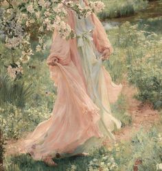 a painting of a woman in a pink dress walking through a field with white flowers