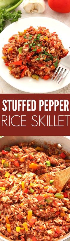 stuffed pepper rice skillet in a white pan with a wooden spoon and vegetables on the side