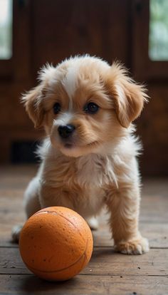 a small brown and white dog standing next to an orange ball on the wooden floor