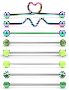 PRICES MAY VARY. VALUE PACK: One Order Including 8 Pieces 16 Gauge Industrial Barbell Body Piercing Jewelry (Glow in the Dark Ball/Classic Shiny Ball/Glitter Ball/Created-Pearl/Matte Ball/Heart/Wavy), Mix Styles Piercing Kit Give You Changeful Outfit. MEASUREMENTS: Gauge Size: 16G (1.2mm); Bar Length: 38mm (1 1/2Inch); Ball Size: 5mm; Color: Rainbow. MATERIAL: Made of High Quality 316L Surgical Stainless Steel, Nickel and Lead Free, Hypoallergenic, Safe for Sensitive Skin. Highly Polished Finish Helix Ring, Industrial Piercing Jewelry, Piercing Kit, Rainbow Metal, Industrial Barbell, Industrial Piercing, Body Jewelry Piercing, Helix Earrings, Body Piercing Jewelry