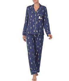 Peanuts Long Sleeve Notch Collar Knit Snoopy Print Pajama Set | Dillard's Snoopy Print, Notch Collar, Print Pajamas, Notched Collar, Trim Detail, Dillard's, Contrast Trim, Blue Print, Polyester Spandex