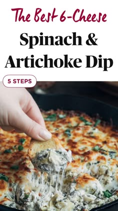 spinach and artichoke dip in a cast iron skillet with text overlay