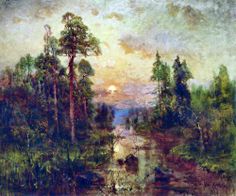 a painting of trees and water with the sun setting in the distance