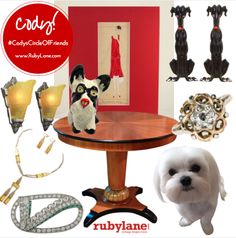 there is a small white dog sitting at the table with other items around it and an advertisement for rubylane