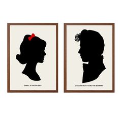 the silhouettes of two people are shown in black and white, one with a red bow