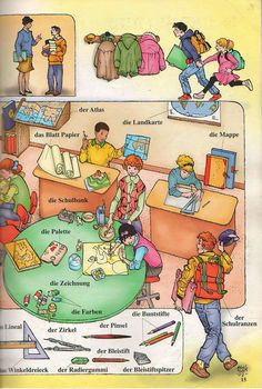 an illustrated book with pictures of people in the room and on the floor, including children's books