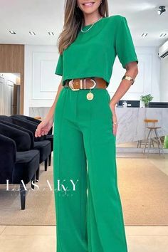 Lasaky - Stylish Solid-Color Wide-Leg Pants and Short-Sleeve Top, Perfect for Casual Fashion Enthusiasts Green Wide Leg Set With Pockets, Green Wide Leg Sets With Pockets, Chic Green Short Sleeve Set, Chic Short Sleeve Green Set, Green Wide Leg Workwear Sets, Green Wide Leg Sets For Workwear, Wide Leg Pant Suit, Spring Work, Two Piece Jumpsuit