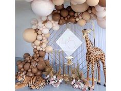 a giraffe, zebras and other animals are displayed in front of balloons