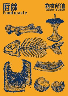 an image of food waste in the form of a fish skeleton and other items on yellow background