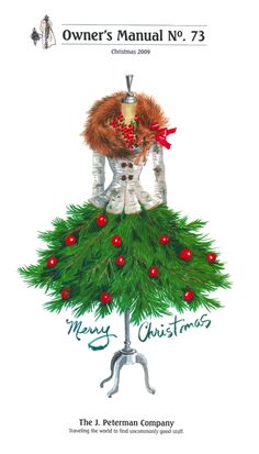 a christmas card with an image of a woman in a dress on top of a tree