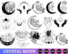 the moon and flowers are drawn in black ink