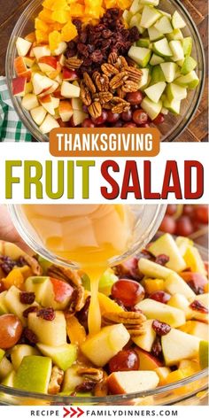 a glass bowl filled with fruit salad next to an image of apples, grapes and pecans