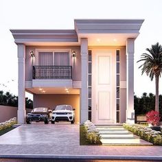 two cars are parked in front of a modern house at dusk with palm trees and landscaping