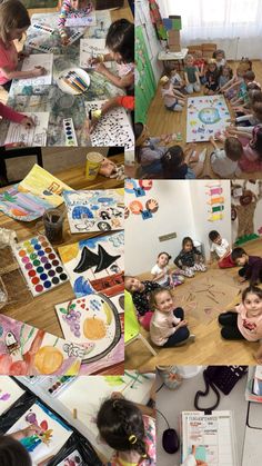 several pictures of children doing arts and crafts at different times of the day, including watercolors