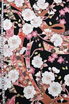 Beautiful Japanese cotton Dobby fabric, printed with cherry blossoms and Tanabe Noshi patterns, designed by Yoshio Jogan (成願 義夫), a traditional kimono designer Flowers Fabric Pattern, Kimono Print Pattern, Doodle Pattern Ideas, Japanese Textiles Patterns, Japanese Art Background, Japanese Prints Pattern, Kimono Fabric Pattern, Japanese Patterns Traditional, Japanese Fabric Pattern