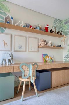 a child's room with toys on the shelves