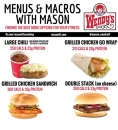 the menu for wendy's is shown with different foods and condiments on it