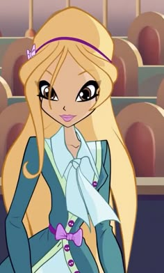 a cartoon girl with long blonde hair wearing a blue dress