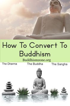 a buddha statue sitting in front of some rocks with the words how to convert to buddhistism