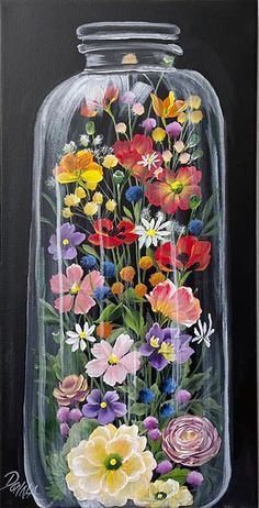 a painting of flowers in a glass jar on a black background with white trimmings