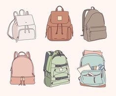 four different colored backpacks on a white background with the same color and pattern as well as