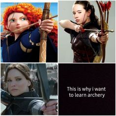 four different pictures of the same woman with bows and arrows, one is holding an arrow