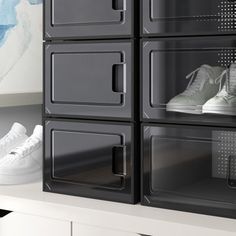 two pairs of shoes are sitting on top of the drawers in this white and black closet