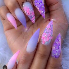 Nails Rosa, Unicorn Nails Designs, Stilleto Nails Designs, Stiletto Nail Art, Purple Nail Designs, Unicorn Nails, Purple Nail