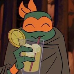 a cartoon character holding a drink in his hand