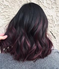 Purple Balayage, Black Hair With Highlights, Red Highlights