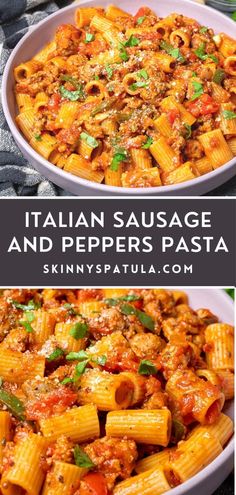 two pictures with different types of pasta in them and the words italian sausage and peppers pasta