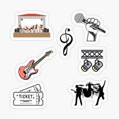 various stickers that include musical instruments, music notes, and microphones on white background