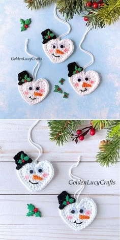 crocheted snowman ornament hanging from a christmas tree with holly leaves