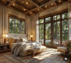 a large bedroom with wooden floors and lots of natural light coming in from the windows