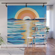 an ocean scene with the sun rising over the horizon wall mural